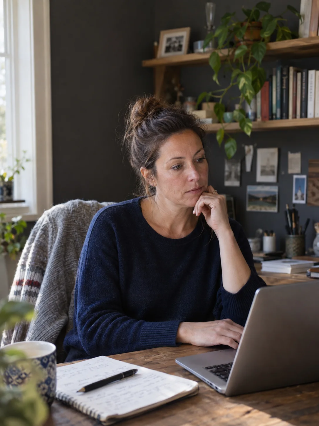 A woman thoughtfully participating in an online coaching session