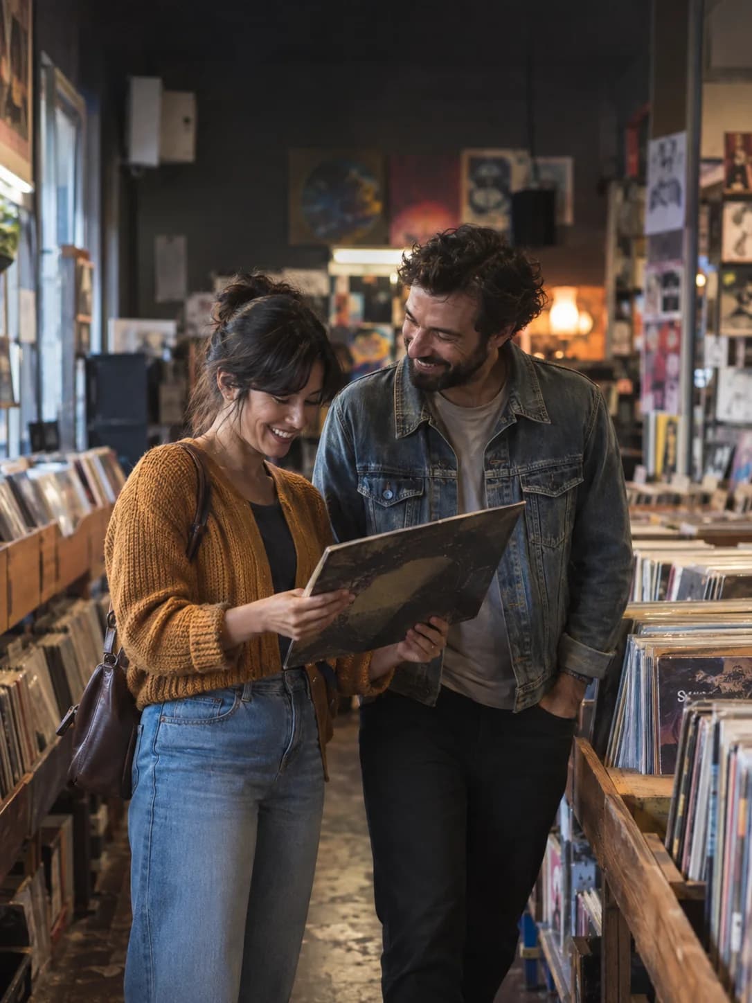 A smiling couple browsing records together on a casual date