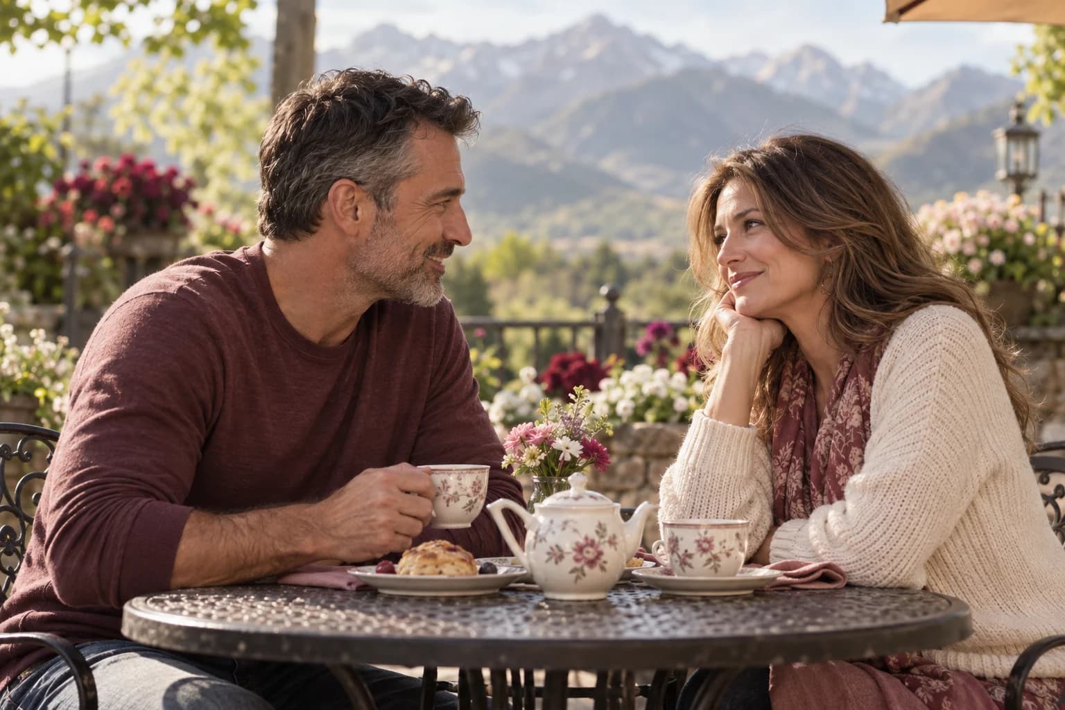 Two adults sharing a relaxed garden cafe date with Utah mountains behind them