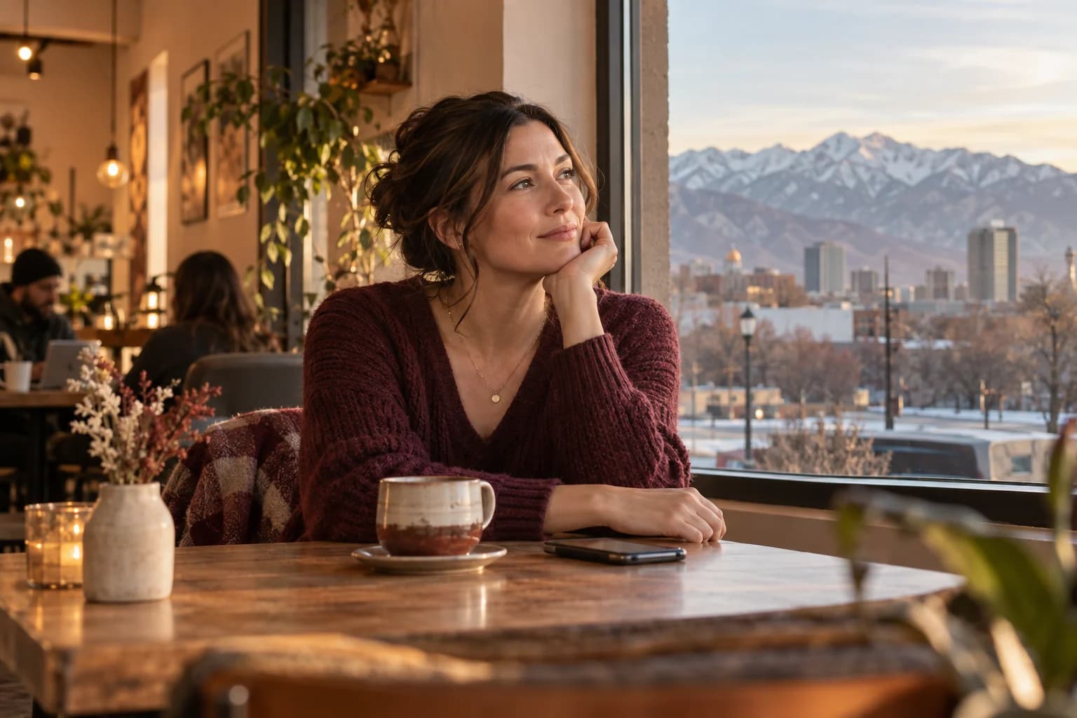 A woman setting aside her phone at a cafe with mountains outside