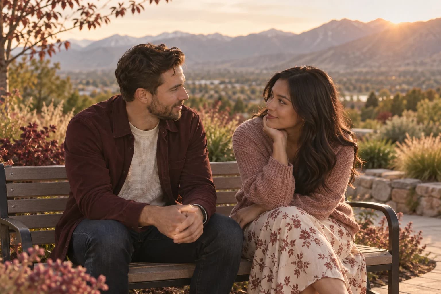 A couple listening to each other on a bench overlooking the Utah foothills