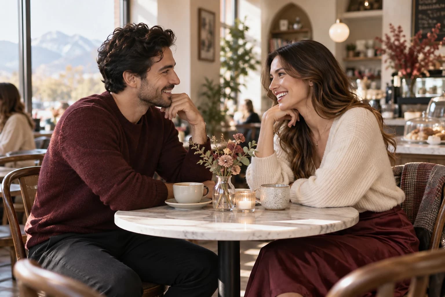 A couple having an engaged conversation over tea at a bright Utah cafe