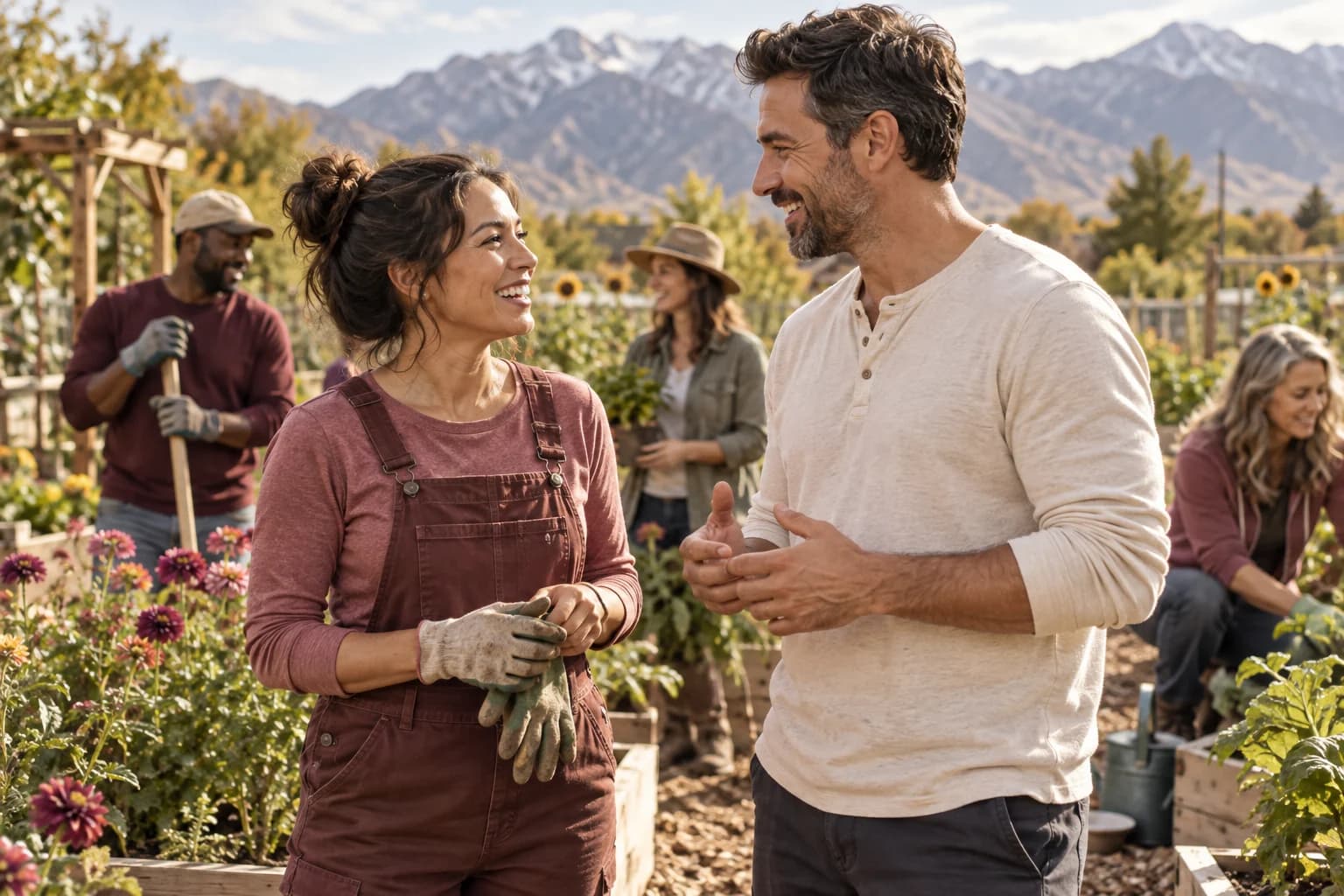 Adults meeting and talking while volunteering in a Utah community garden