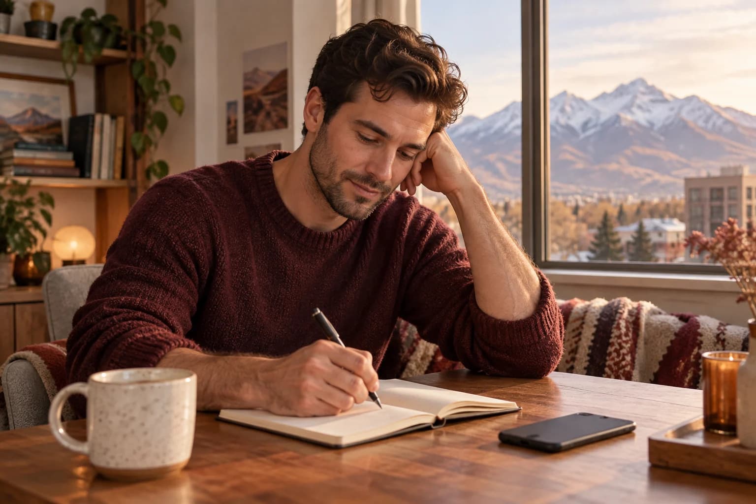 A man pausing with a notebook beside a face-down phone in a sunlit home