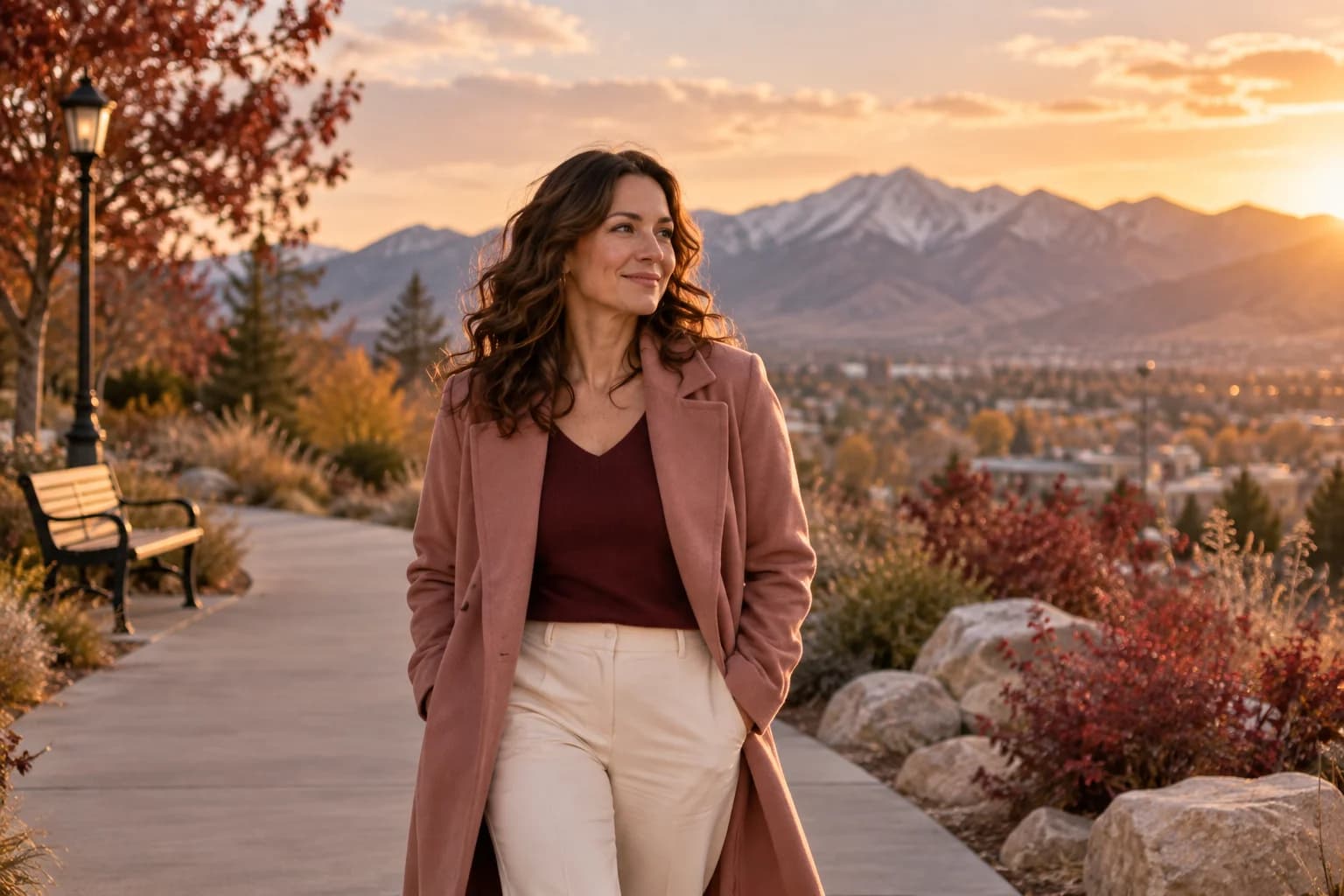 A woman enjoying a quiet walk in a Utah park at golden hour