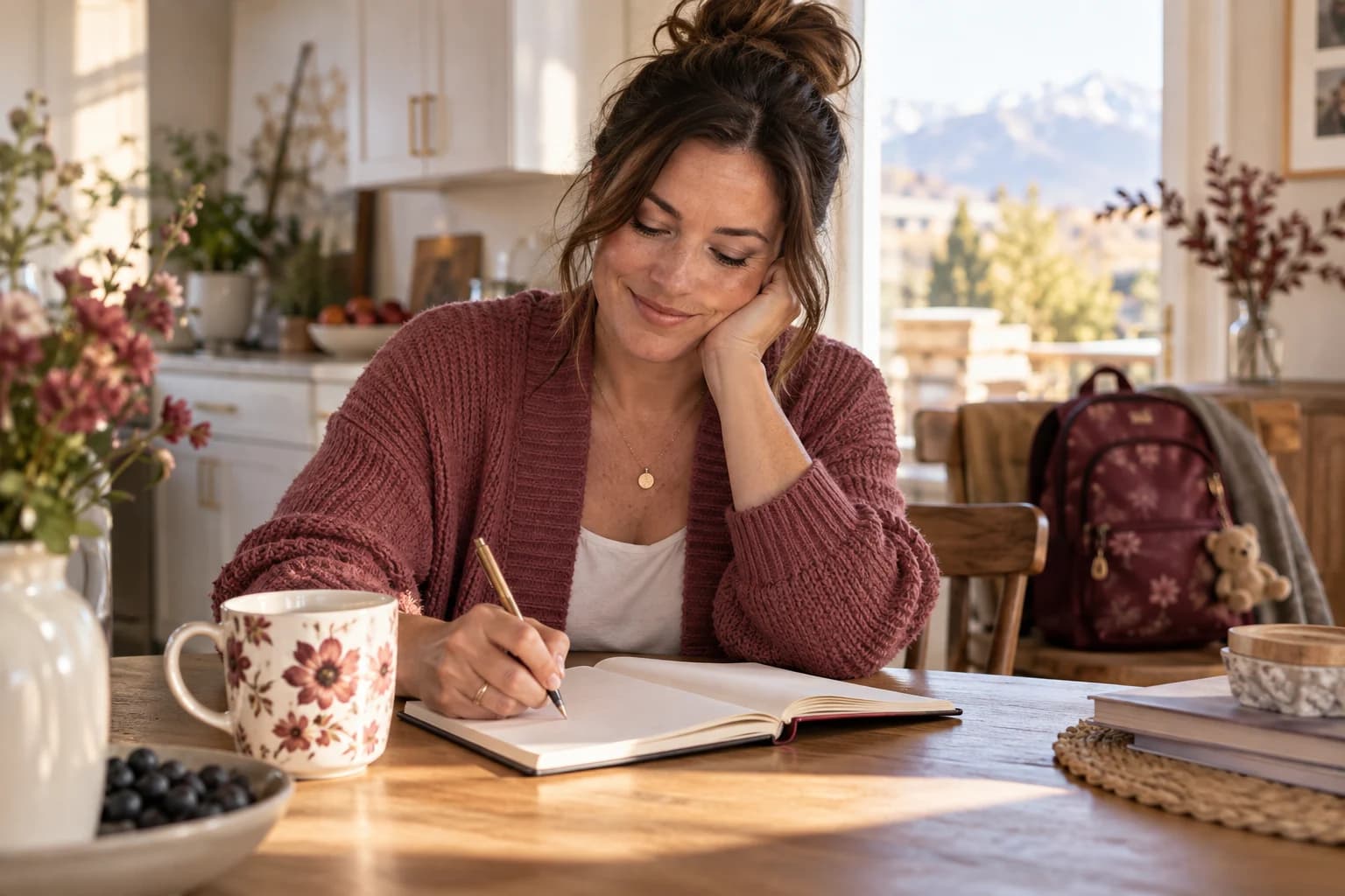 A parent making a thoughtful plan at a sunny kitchen table with a backpack nearby
